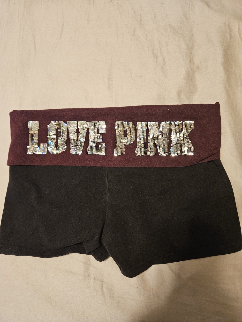 Victoria's Secret PINK Black Shorts with Maroon Waistband and Sequin LOVE PINK